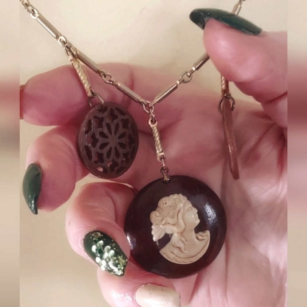 Vintage Cameo on Wooden Pendant
